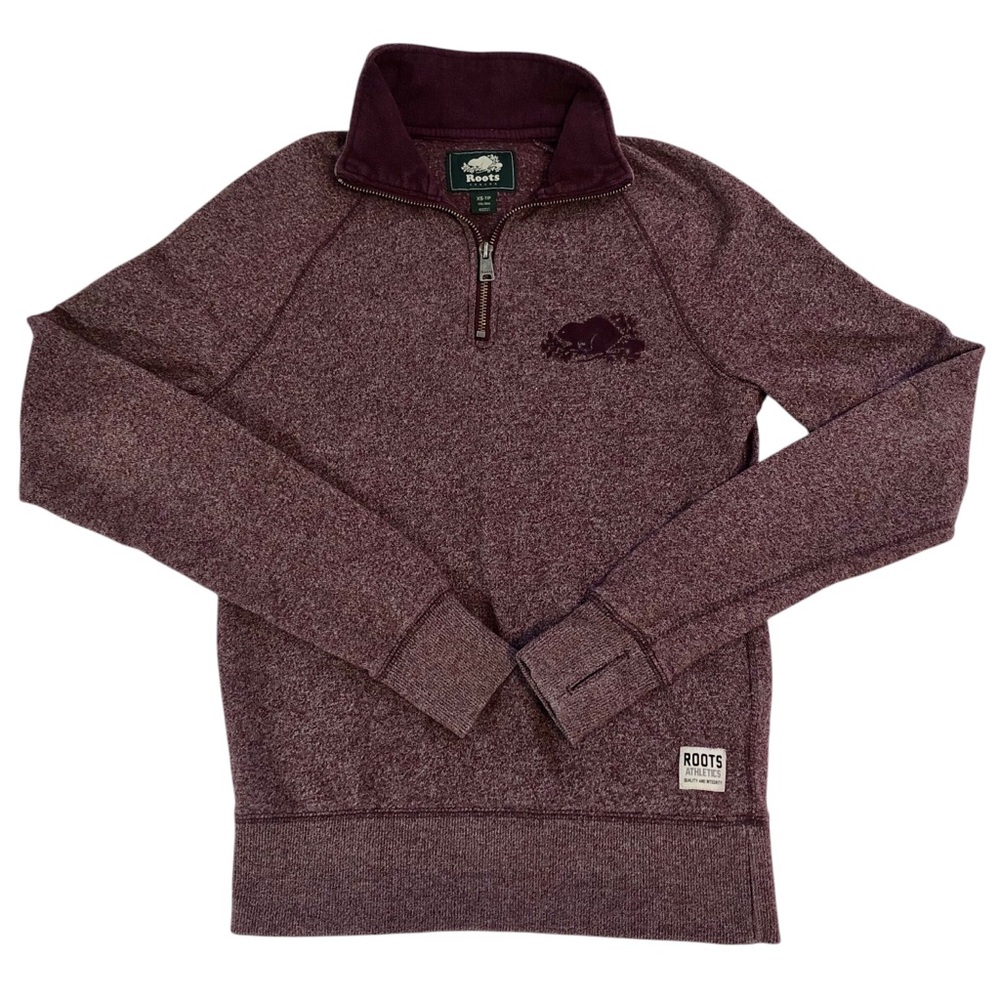Roots 1/4 Zip Pullover Sweatshirt Women’s XS Burgundy Heather Thumbholes Beaver
